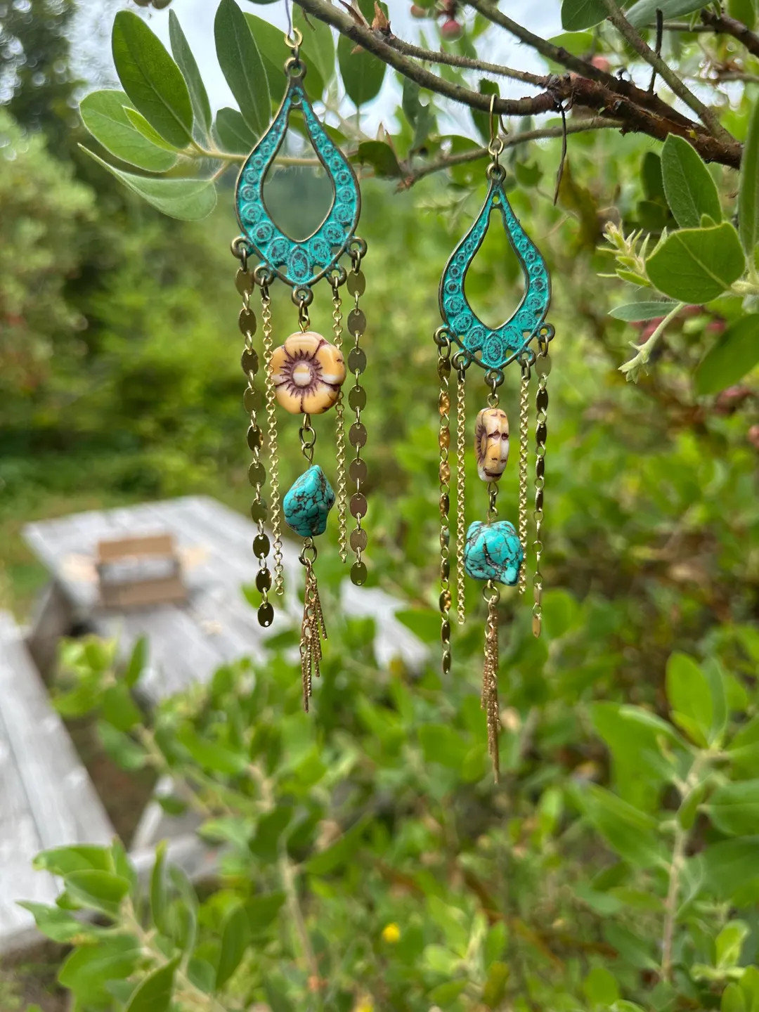 Green (turquoise Color) Brass Plated Teardrop Nouveau Chandelier Earrings With Turquoise Howlite,... | Etsy (US)