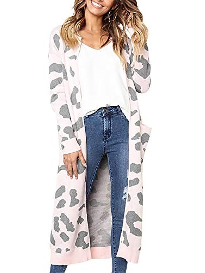 BTFBM Women Long Sleeve Open Front Leopard Knit Long Cardigan Casual Print Knitted Maxi Sweater Coat | Amazon (US)