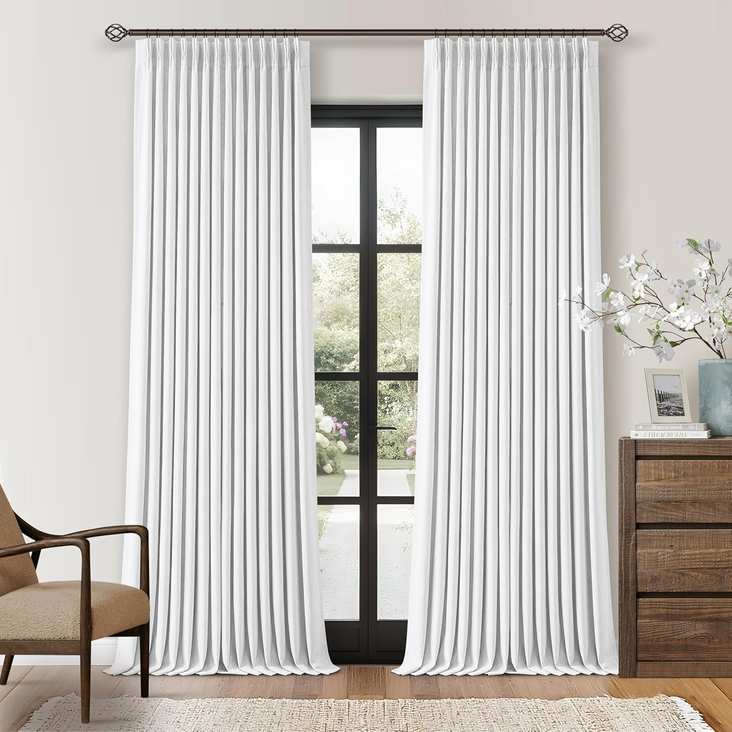 White Linen Blackout Pleated Curtains 90 Inches Long for Living Room Darkening Pinch Pleat 100% B... | Amazon (US)