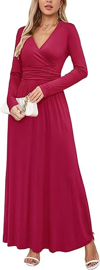 OUGES Women's Long/Short Sleeve V-Neck Wrap Waist Maxi Dress | Amazon (US)