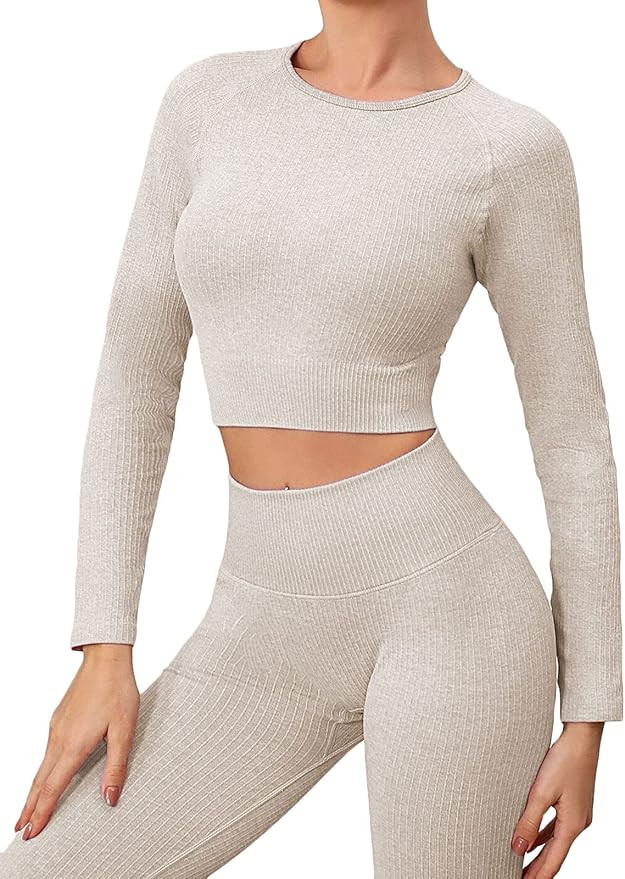 Buscando Womens Gym Sets 2 Piece Long Sleeve Workout Crop Top Tank Ribbed High Waist Seamless Leg... | Amazon (UK)