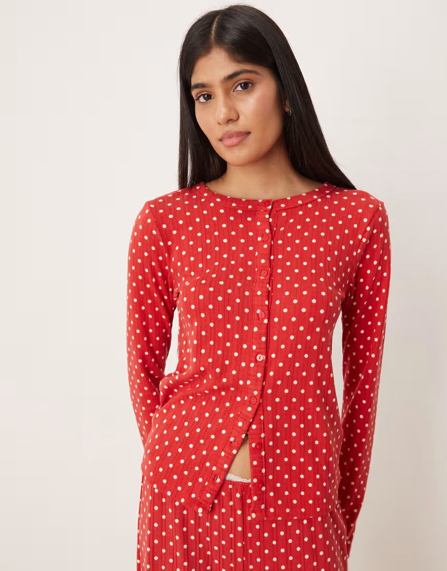 Abercrombie & Fitch pointelle pyjama cardigan co-ord in red polka dot | ASOS (Global)