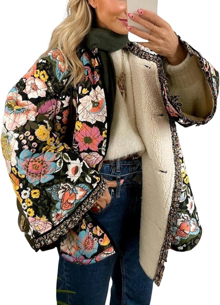 Yimoon Women's Cropped Puffer Jacket Floral Print Lightweight Short Padded Quilted Coat Open Front W | Amazon (US)