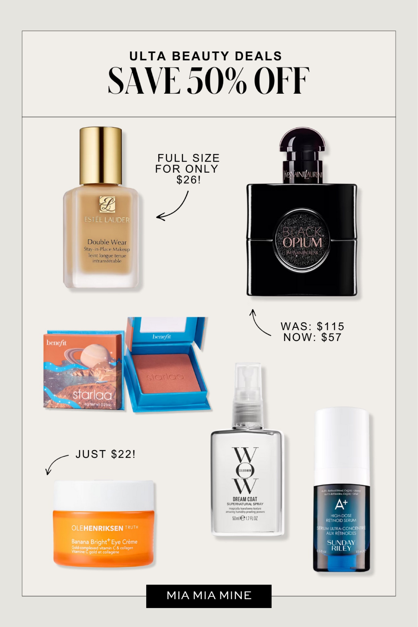 Ulta beauty deals - save 50% off Estée Lauder double wear foundation, wow dream coat spray, Sunday Riley skincare, ysl perfume 

#LTKFindsUnder50 #LTKBeauty #LTKSaleAlert