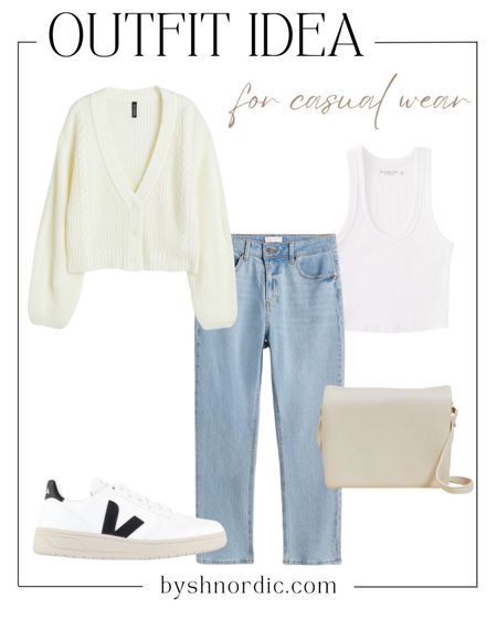 Everyday outfit: stylish white jumper, denim trousers, white undershirt, and trainers.      

#casualstyle #outfitidea #summerlook #ukfashion #springfashion