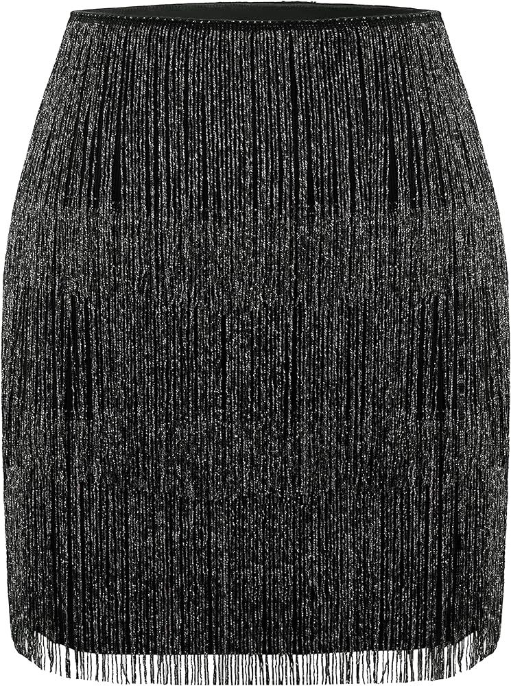 MANER Women’s Fringe Skirt Stretchy Sparkly Bodycon Tassel Trim Mini Skirt | Amazon (US)