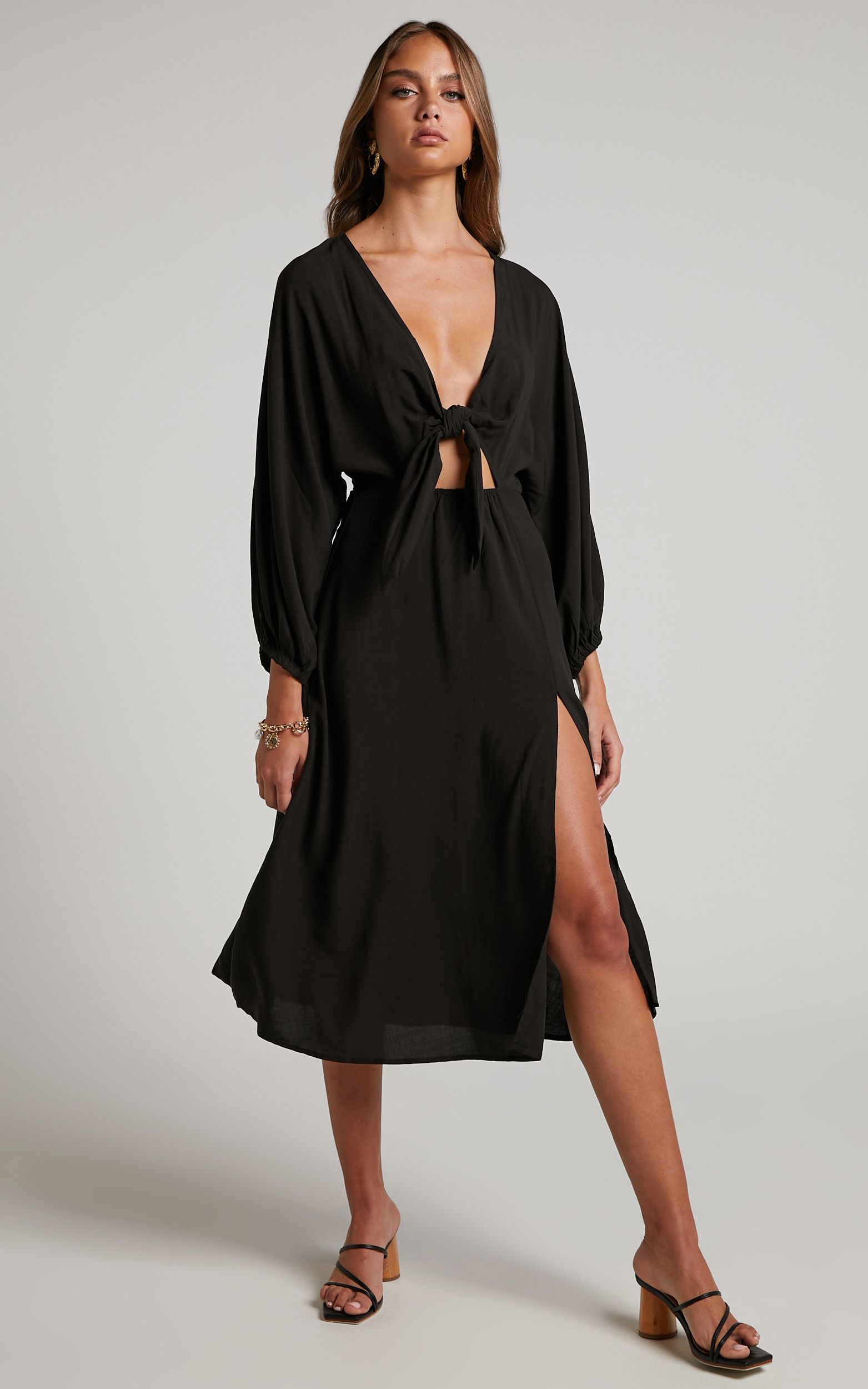 Tyricia Long Sleeve Tie Front Cut Out Midi Dress in Black | Showpo (US, UK & Europe)