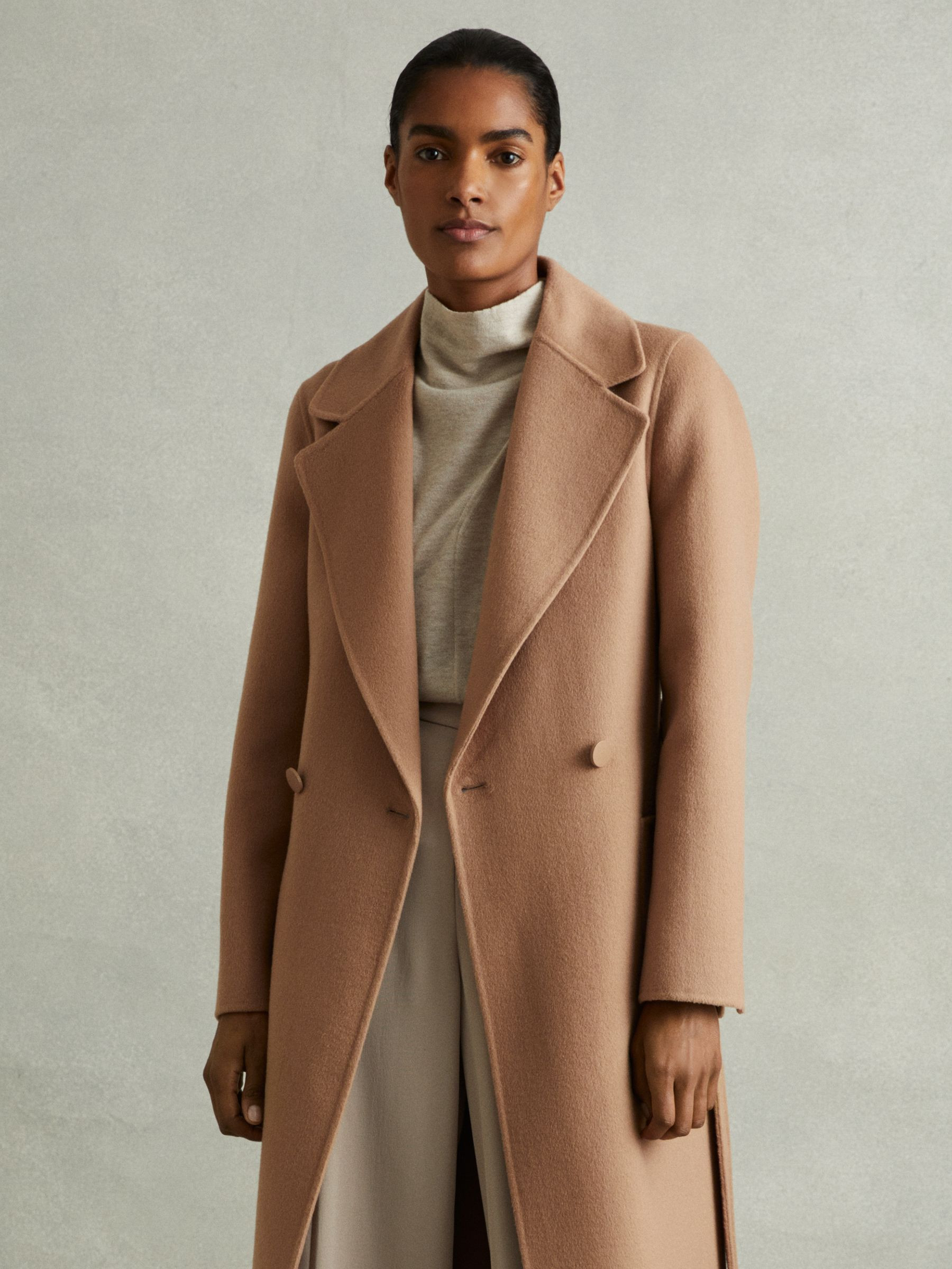 Reiss Petite Wool Blend Double Breasted Blindseam Coat in Light Camel - REISS | Reiss UK