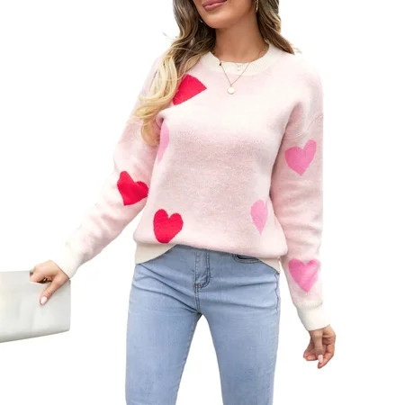 Women s Heart Print Sweaters Long Sleeve Round Neck Loose Pullovers Valentine’s Day Knit Tops | Walmart (US)