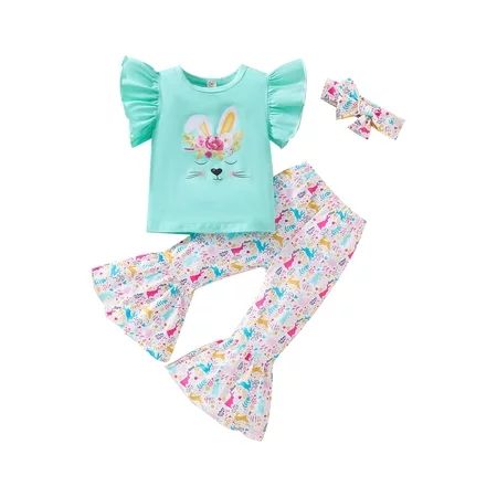 Suanret Toddler Kids Girls Easter Clothes Sets Cartoon Bunny Print Fly Sleeve Tops+Rainbow Flare Pan | Walmart (US)