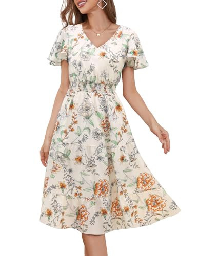 Bridesmay Women's Casual Summer Dress with Sleeves Floral Midi Boho Dresses for Wedding Guest Sky... | Amazon (US)