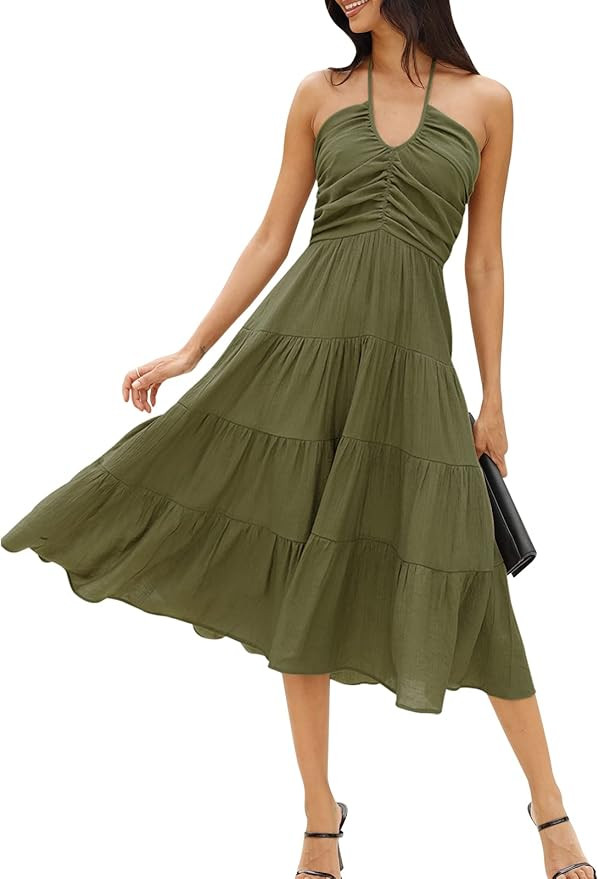 DEEP SELF 2024 Midi Summer Dresses for Women Sleevelesss Halter Neck Smocked Ruffle Tiered Swing ... | Amazon (US)
