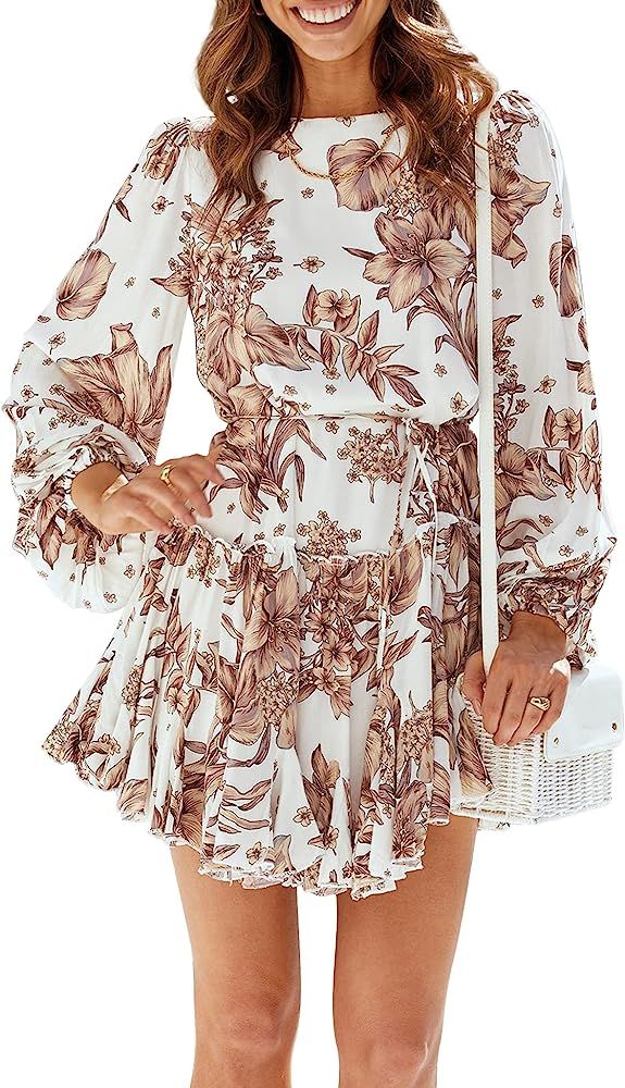 DOUFIN Women's Crew Neck Floral Long Baggy Sleeve Mini Dress Summer Waist Tie Ruffle Hem Short Dress | Amazon (US)
