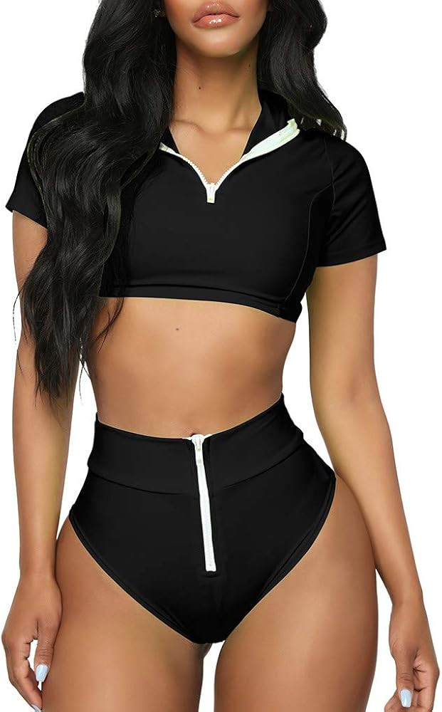 MODOQO Women's Two Pieces Sport Swimsuit Zip with High Waist Bottom Bikini Set | Amazon (US)