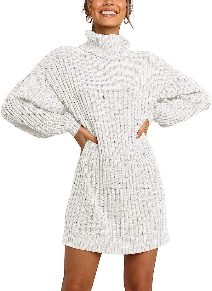 Margrine Women Turtleneck Long Lantern Sleeve Casual Loose Oversized Sweater Dress Soft Warm Pull... | Amazon (US)