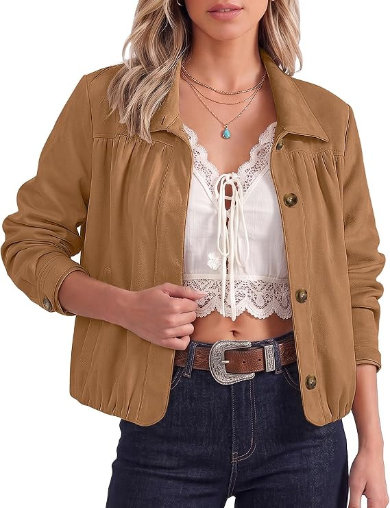 luvamia Faux Suede Jackets for Women Long Sleeve Button Up Bubble Coat | Amazon (US)