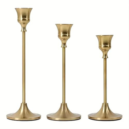 Set of 3 Gold Taper Candle Holders in Varying Heights - Stylish Brass Decorative Candlestick Holder Perfect for Weddings, Home Decor, Dinners, and Special Occasions - Ideal for 2-4 Inch Candles | Amazon (UK)
