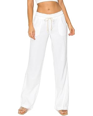 Cali1850 Women's Casual Linen Pants - 32" Inseam Oceanside Drawstring Smocked Waist Lounge Beach ... | Amazon (US)