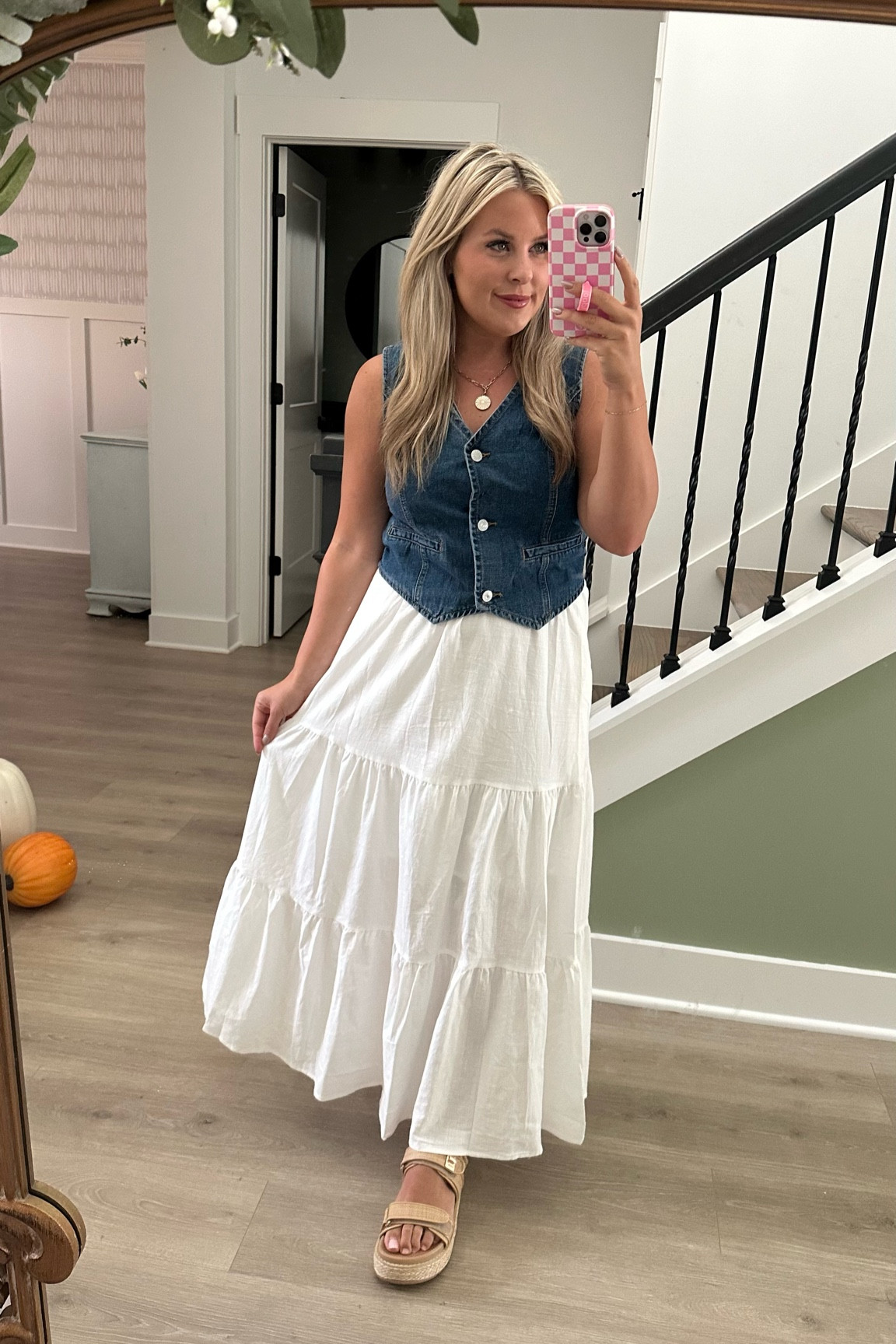 Amazon white maxi skirt and denim vest. Size small in the skirt. Size M in the vest. Fall outfit ideas. Fall outfits  