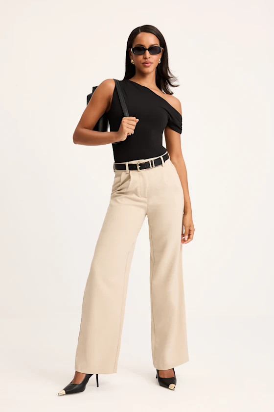 Cleo Beige Tailored Wide-Leg Trousers | Lulus