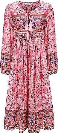 R.Vivimos Women's Long Sleeve Floral Print Retro V Neck Tassel Bohemian Midi Dresses | Amazon (US)