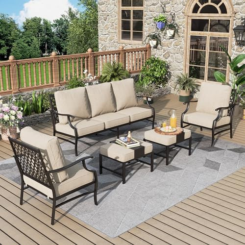 MIXPATIO Patio Furniture Set 5 pcs, Outdoor Patio Furniture, 3-Seat Sofa, 2 Single Chairs, 2 Ottomans and 5.75" Extra Thick Cushion, Patio Conversation Set for Garden Backyard Deck,Beige | Amazon (US)