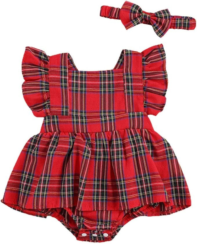 Amazon.com: Infant Baby Girls Christmas Romper Red Plaid Bodysuit Dress Toddler Kids Ruffle Sleev... | Amazon (US)