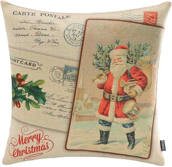 TRENDIN 18" X 18" Vintage Merry Christmas Santa Claus Linen Throw Pillow Case Cushion Cover Festi... | Amazon (US)