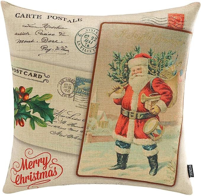 TRENDIN 18" X 18" Vintage Merry Christmas Santa Claus Linen Throw Pillow Case Cushion Cover Festi... | Amazon (US)