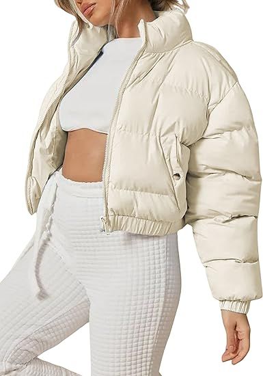 Zhiyouni Womens Cropped Puffer Jackets Zip Long Sleeves Padded Winter Outerwear | Amazon (US)