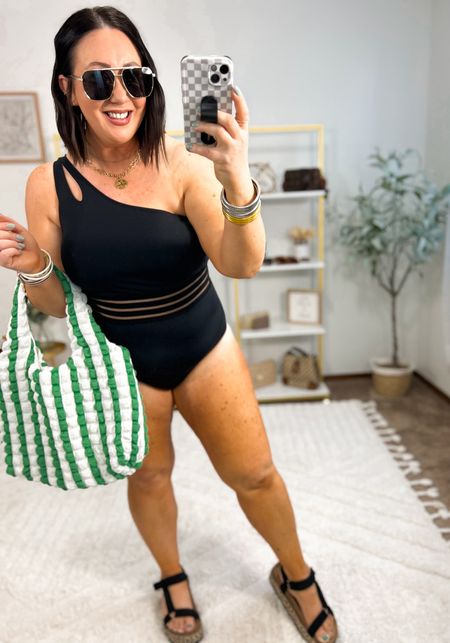 Tummy control one shoulder suit from Amazon! Wearing an xl. Good booty coverage. Adjustable straps. Removable pads. Sandals fit tts. So comfy and from Walmart!  Love this  boho bubble tote bag!

#LTKMidsize #LTKSwim #LTKSeasonal