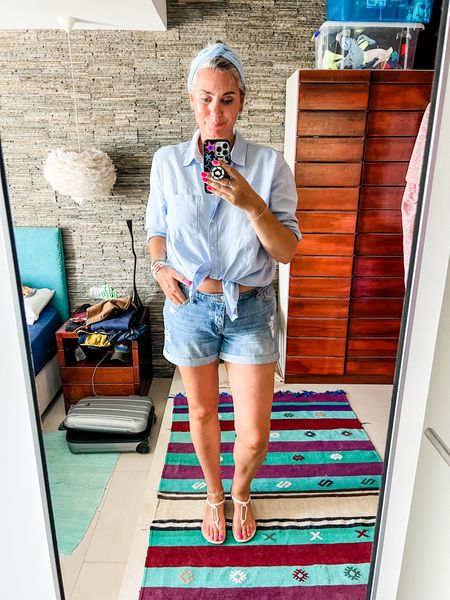 Outfits of the week. A light blue linen shirt and distressed denim shorts (old Gap but I have linked similar). Ipanema sandals and an armful of bracelets. 

#LTKstyletip #LTKtravel #LTKeurope