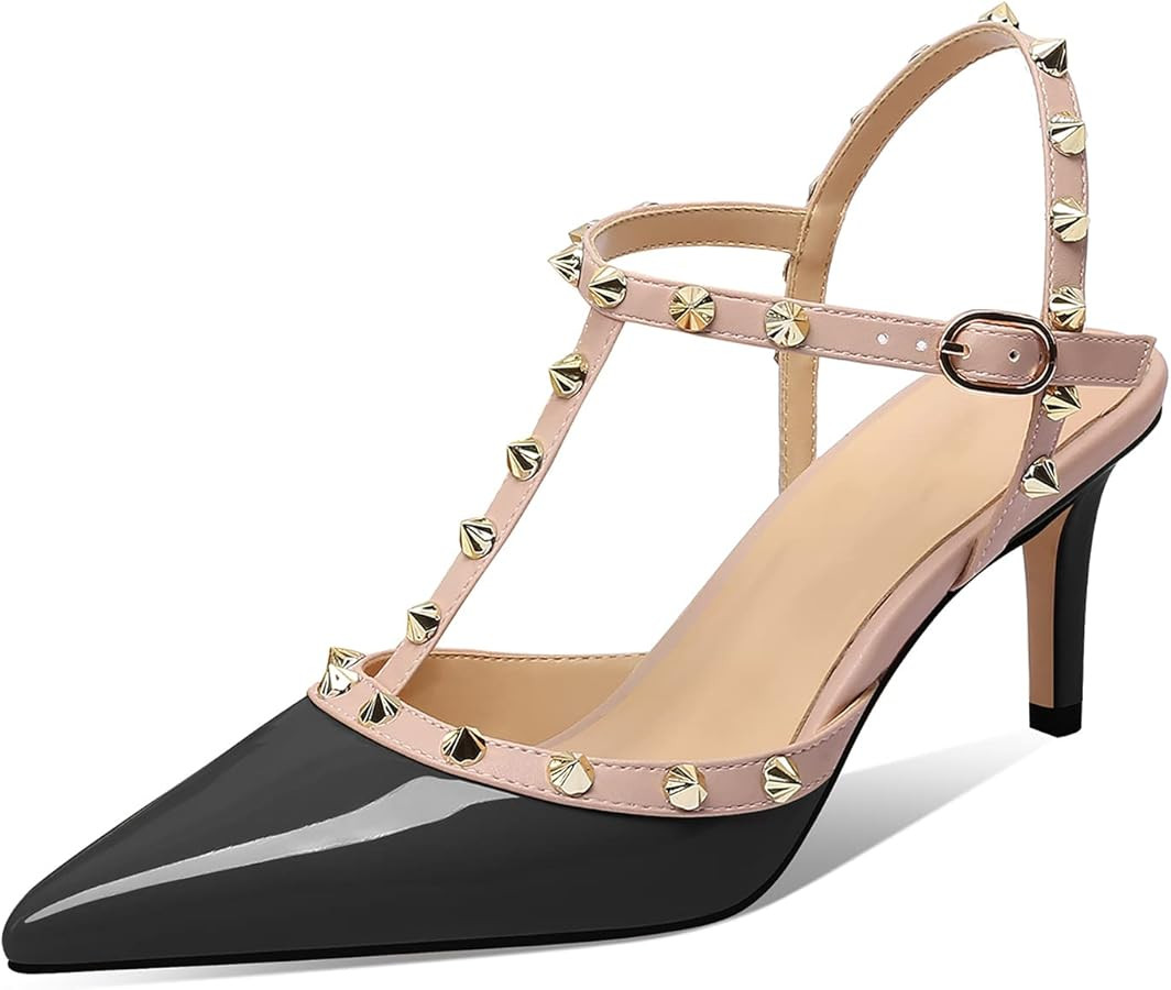 XINIUNIU Heeled Sandals with Studs for Women Studded Heels Pointed Toe Ankle Strap 2.5inch Stilet... | Amazon (US)