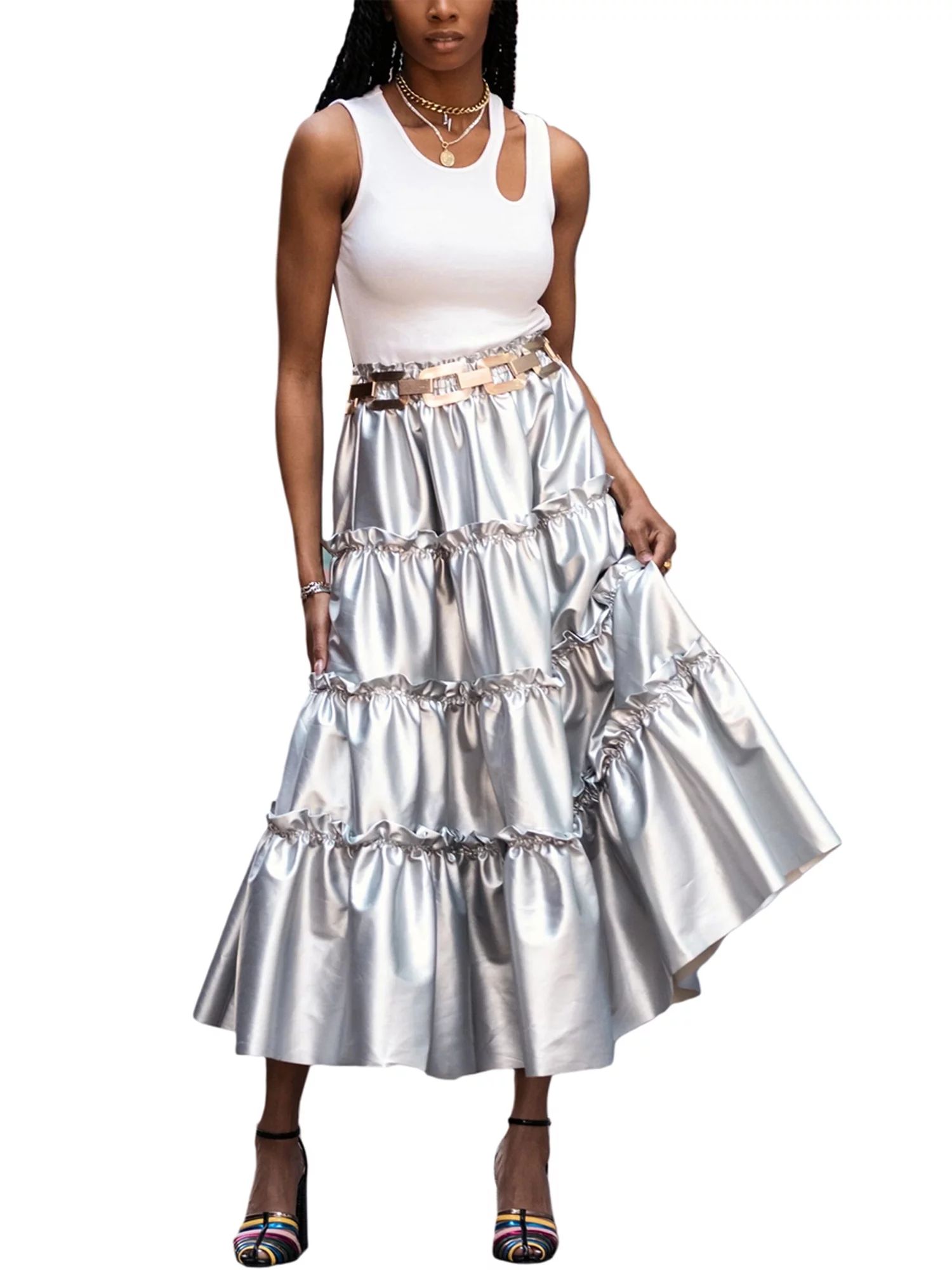 Women's Summer Tiered Metallic Pleated Flowy A-line Midi Skirt | Walmart (US)