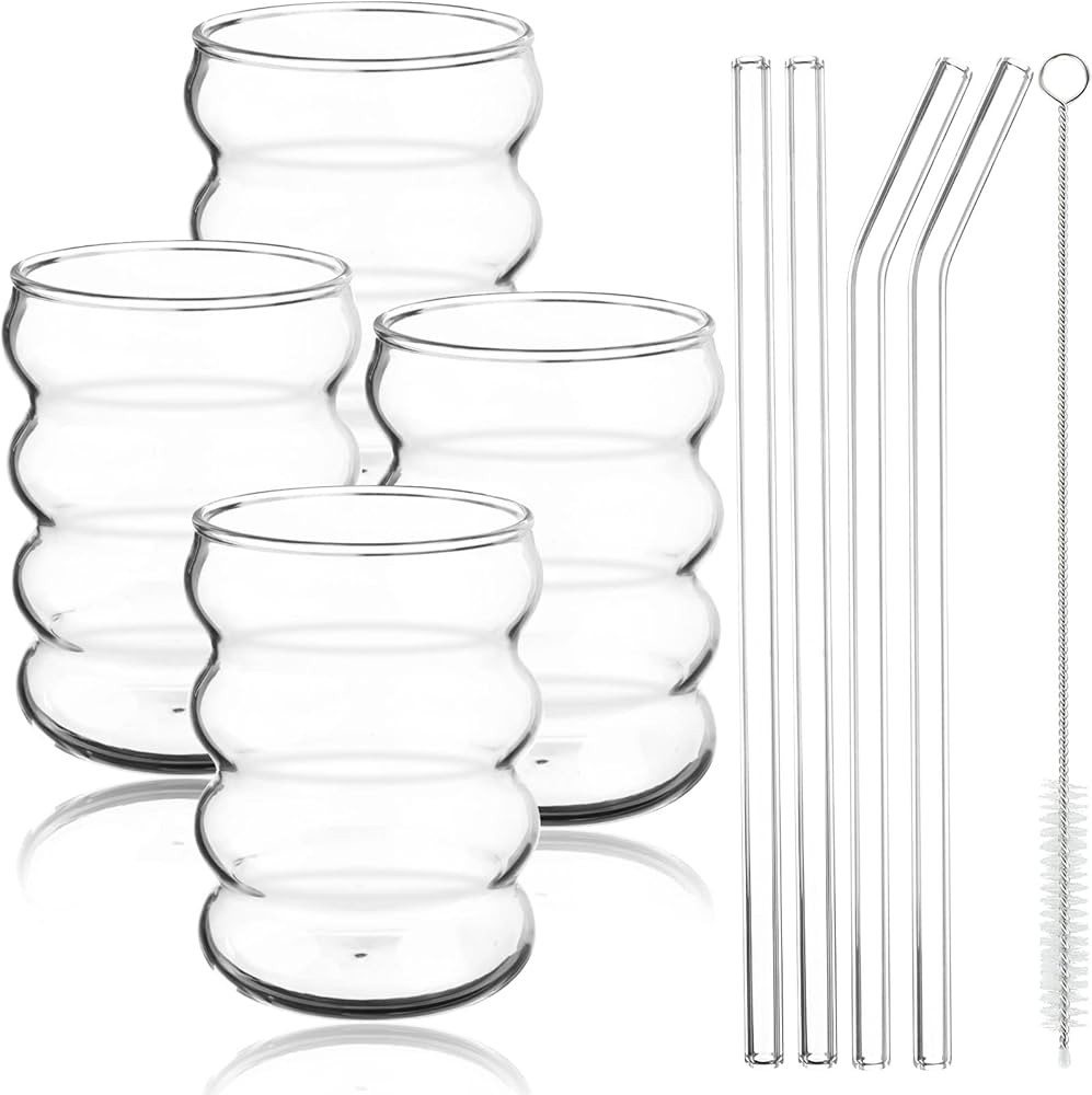 SevenMye 4 Pack Creative Beer Glasses Cups Ripple Shaped Vintage Clear Drinking Glasses with Stra... | Amazon (UK)