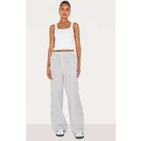 Pantalon en effet lin finement rayé gris à taille élastifiée, Gris | PrettyLittleThing (FR)