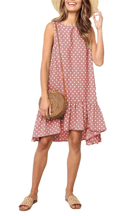 Blansdi Women Polka Dot Sleeveless Short Dress Ruffle Round Neck Loose Casual Swing Tank Dresses | Amazon (US)