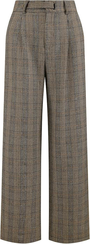 Women's Plaid Work Pant Vintage Houndstooth Wide Leg Straight Long Trousers | Amazon (US)