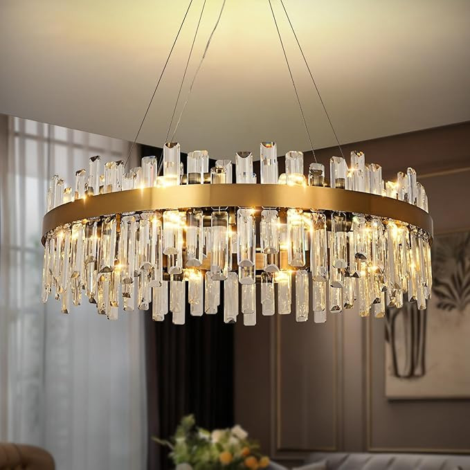Modern Crystal Chandelier Gold, 31.5" Round Chandeliers for Dining Room K9 Ceiling Pendant Light ... | Amazon (US)