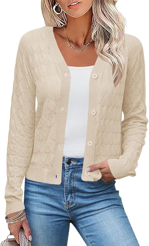 LOMON Cardigan for Women Lightweight Button Down Crochet Knit V Neck Cardigan Sweater | Amazon (US)