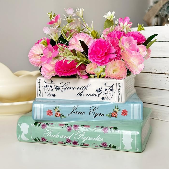 Small Book-Shaped Decorative Planter - Ceramic Vase for Flowers - Cute Bookshelf Home Bedroom Off... | Amazon (US)