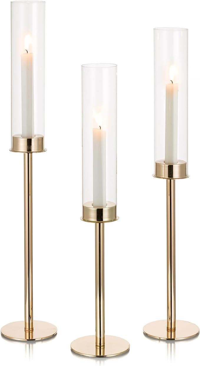 NUPTIO Gold Taper Candle Holders: 3 Pcs 23.6 & 21.7 & 19.7 in Tall Hurricane Candlestick Holder w... | Amazon (US)