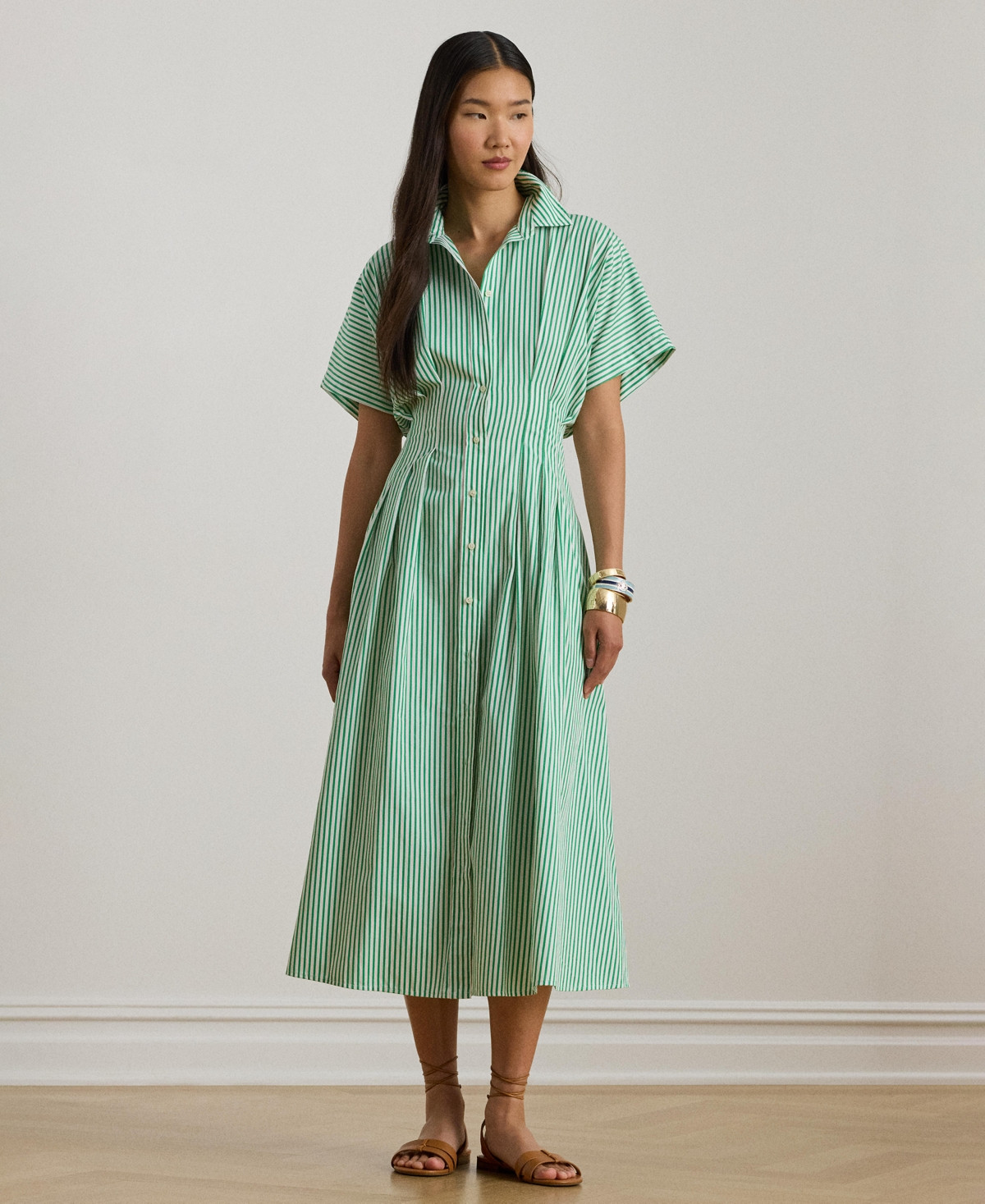 Lauren Ralph Lauren Women's Striped Pleated Shirtdress - Green/White Multi | Macy's