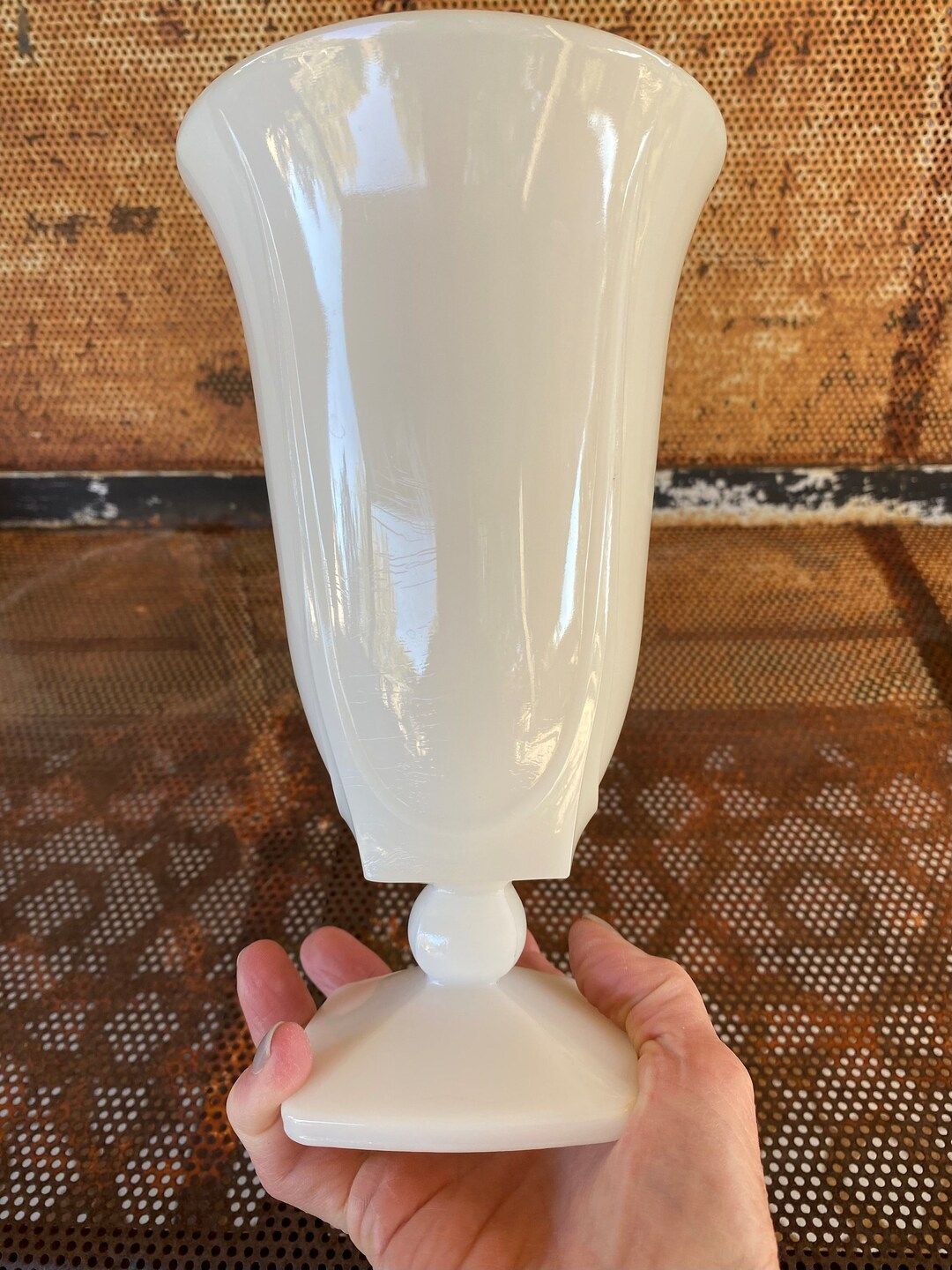 Beautiful Vintage Tall Milk Glass Vase Ball Pedestal on Square Base - Etsy | Etsy (US)