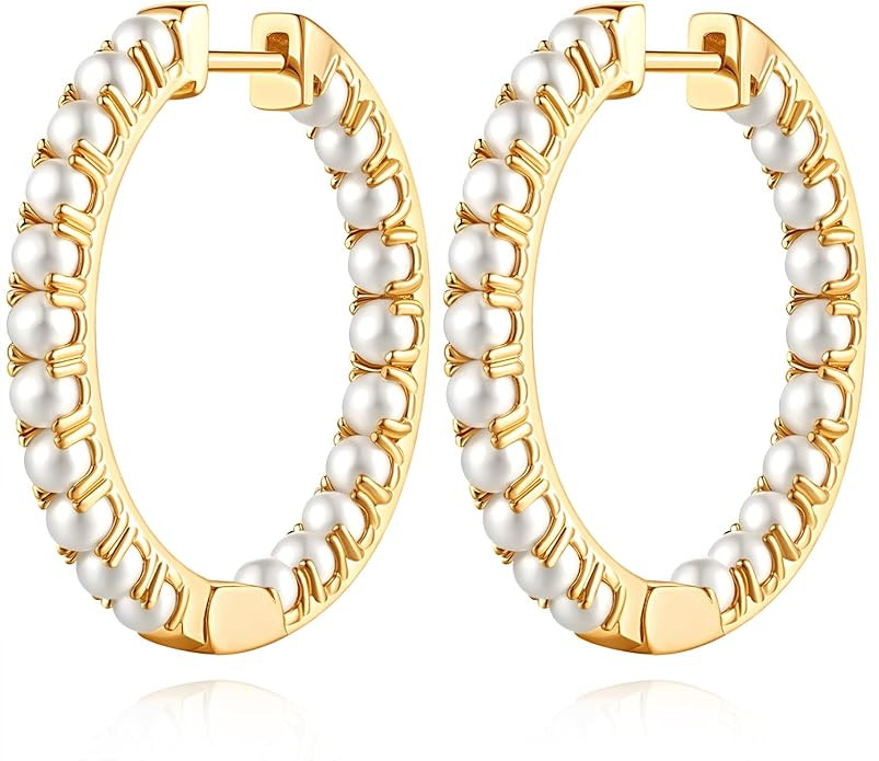 Pearl Earrings Pearl Hoop Earrings for Women 14K Gold Hoop Earrings for Women Gold Pearl Hoop Ear... | Amazon (US)