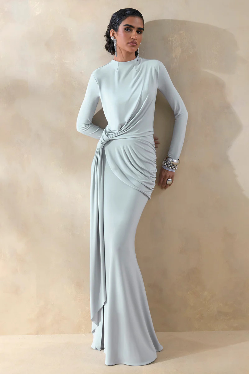 Kyrissa  Blue High-Neck Maxi Dress With Gathered-Detailing | Club L London