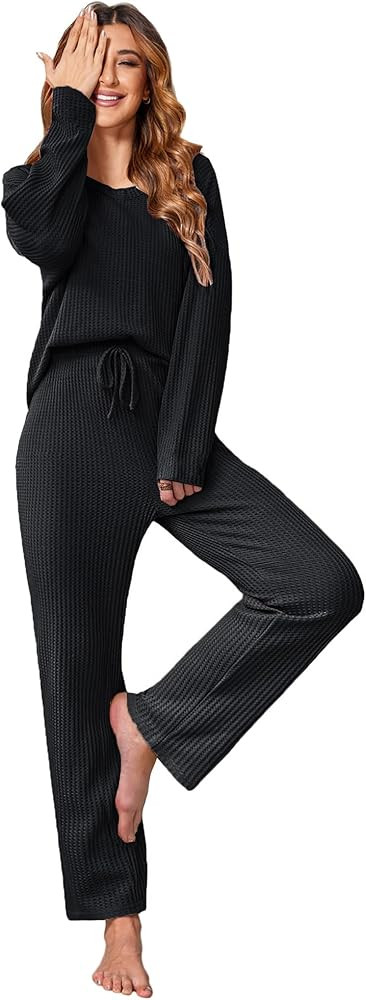 Ekouaer Women's Waffle Knit Pajama Sets Comfy Long Sleeve Lounge Sets 2 Piece Matching Pj Sets wi... | Amazon (US)