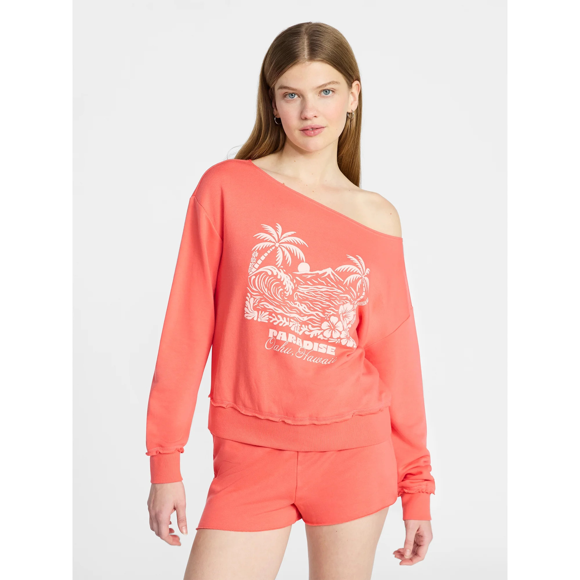 No Boundaries Off the Shoulder Sweatshirt with Long Sleeves, Women’s and Women's Plus XXS-4X | Walmart (US)