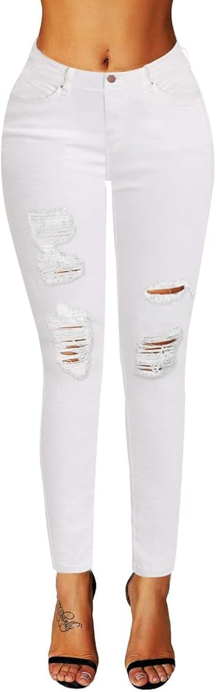 roswear Women's Essentials Ripped Mid Rise Destroyed Skinny Jeans | Amazon (US)