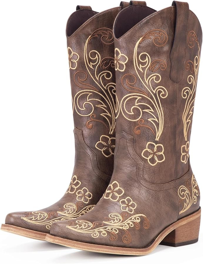 Cowboy Boots for Women Mid Calf - Cowgirl Boots with Pointed Toe and Chunky Heel for All-Day Comf... | Amazon (US)